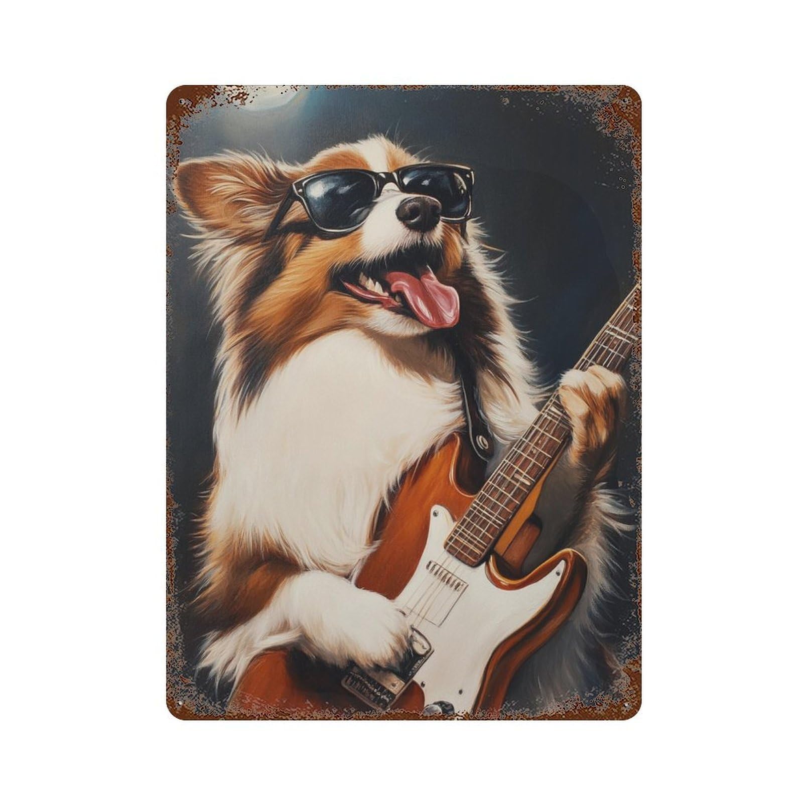 Rock Star Pup with Guitar -8 Rustic Tin Plaque 15.7"x11.8", Ideal for Patio, Garden Room And Bar Decor