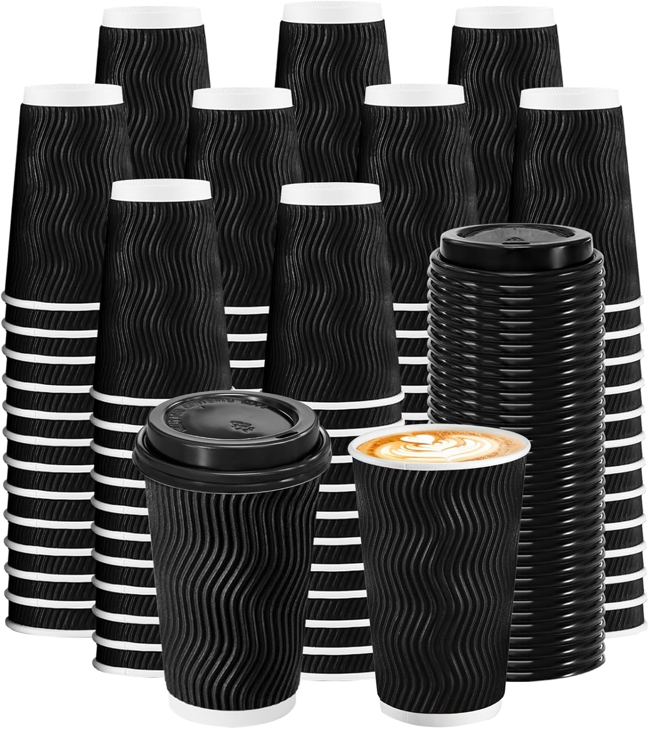 Lamosi 500 Pack 16 oz Disposable Paper Coffee Cups with Lids, To Go Coffee Cups with Lids Bulk, Insulated Hot Drink Cups for Hot/Cold Beverages, Office, Hotel, Cafe Bar（Black)
