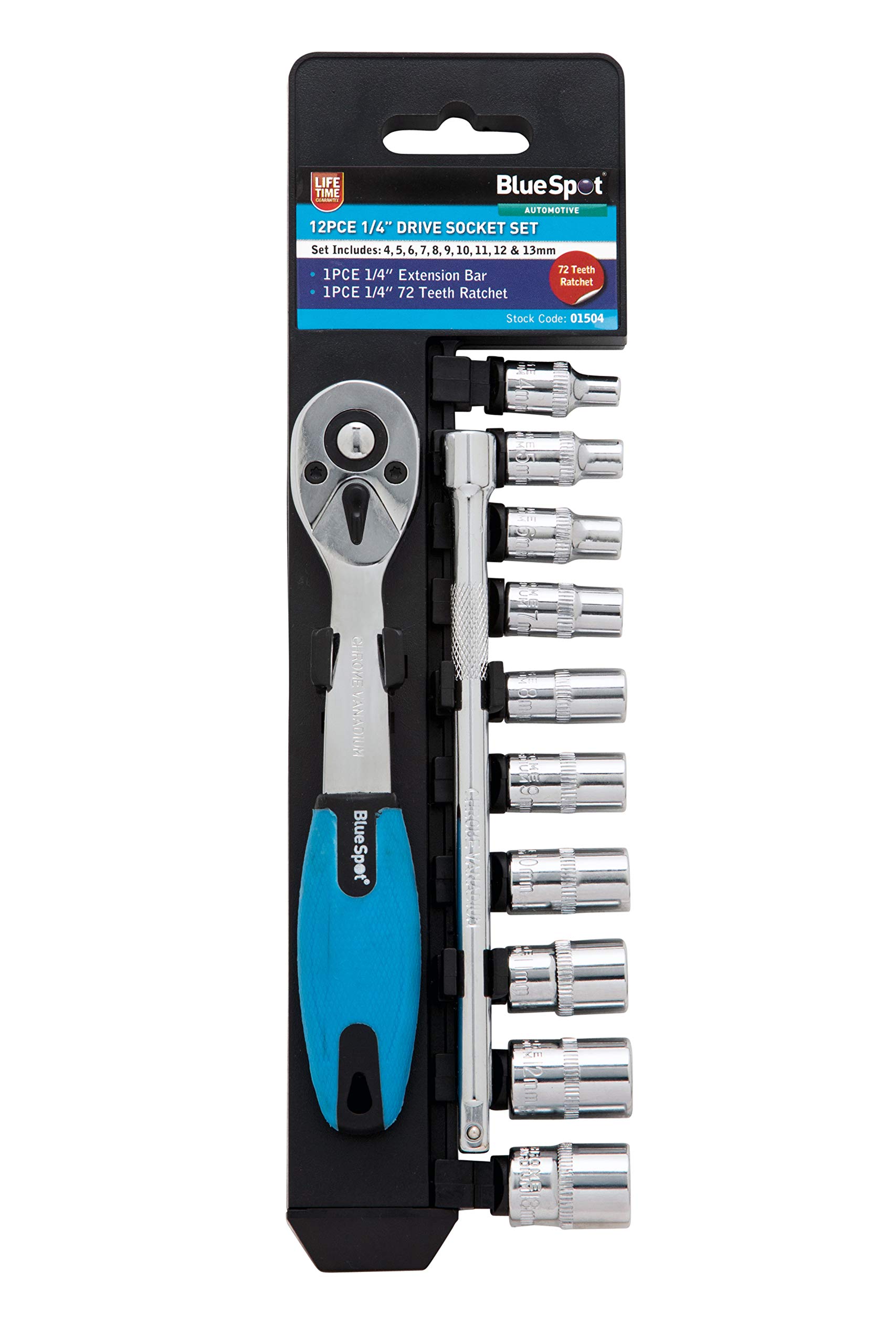 1/4"" SQUARE DRIVE SOCKET SET, RATCHET & EXTENSION BAR, 12 PIECE   BLUESPOT 01504
