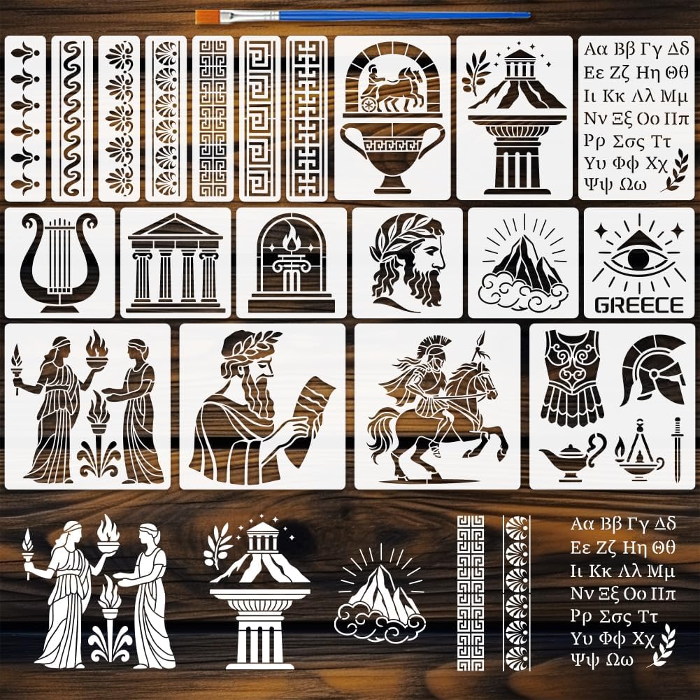 FINGERINSPIRE 20PCS Greek Painting Stencil 4 Size Ancient Greek Cultural Patterns Stencils Greece Rome Architecture Character Templates with a Brush for Wood Board Furniture Home Wall Decor