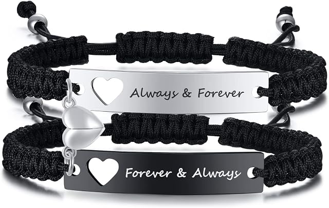 TempBeau Couple Bracelet Friendship Braided Black : Men Women Bracelets Adjustable with Stainless Steel Heart for Boy Friend Girl Friend Husband Wife Family Valentine Gift