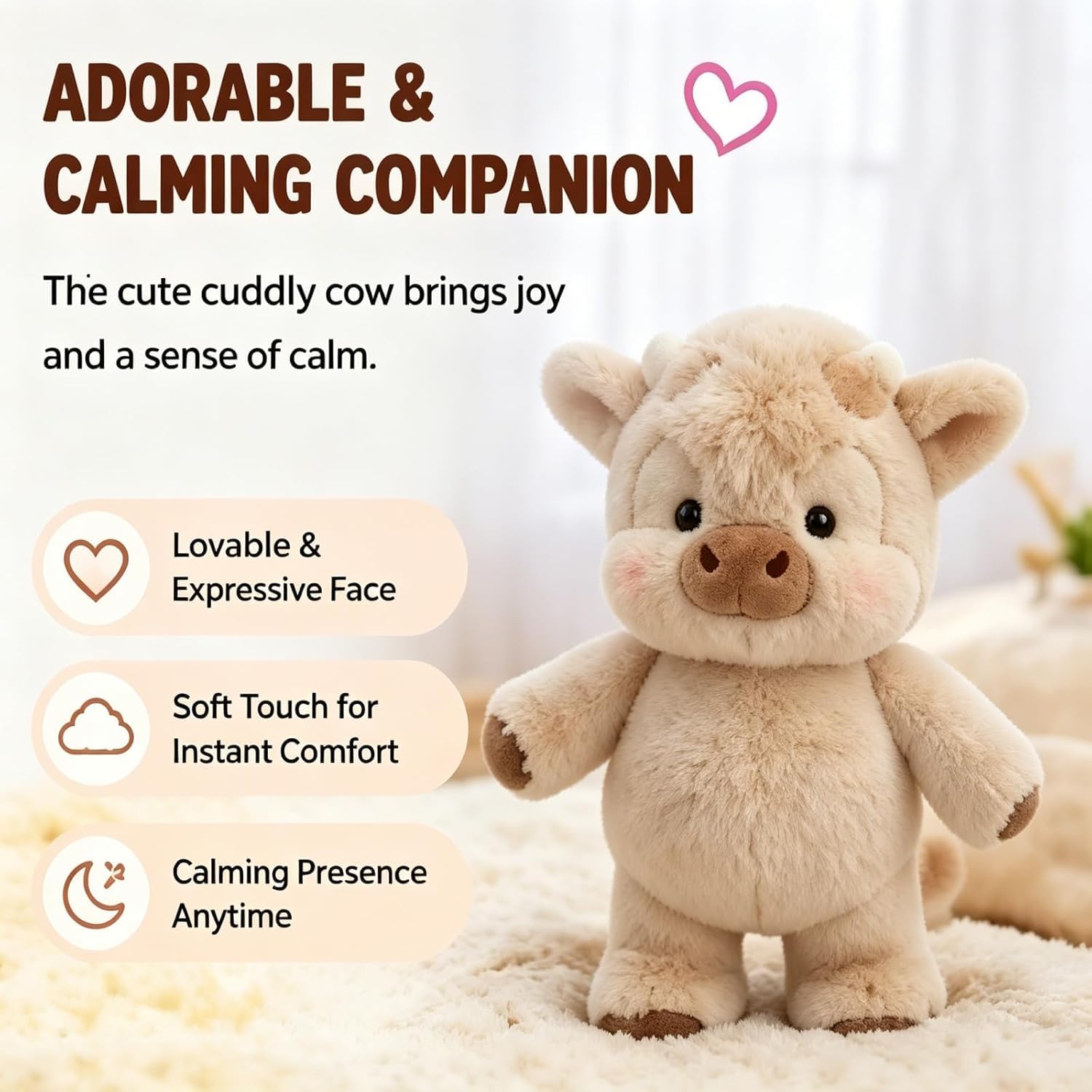 Peluche Vache Qui Court 45cm – Peluche Veau Doux, Cadeau Anniversaire Enfants Filles Garçons Adultes, Décoration Câlin