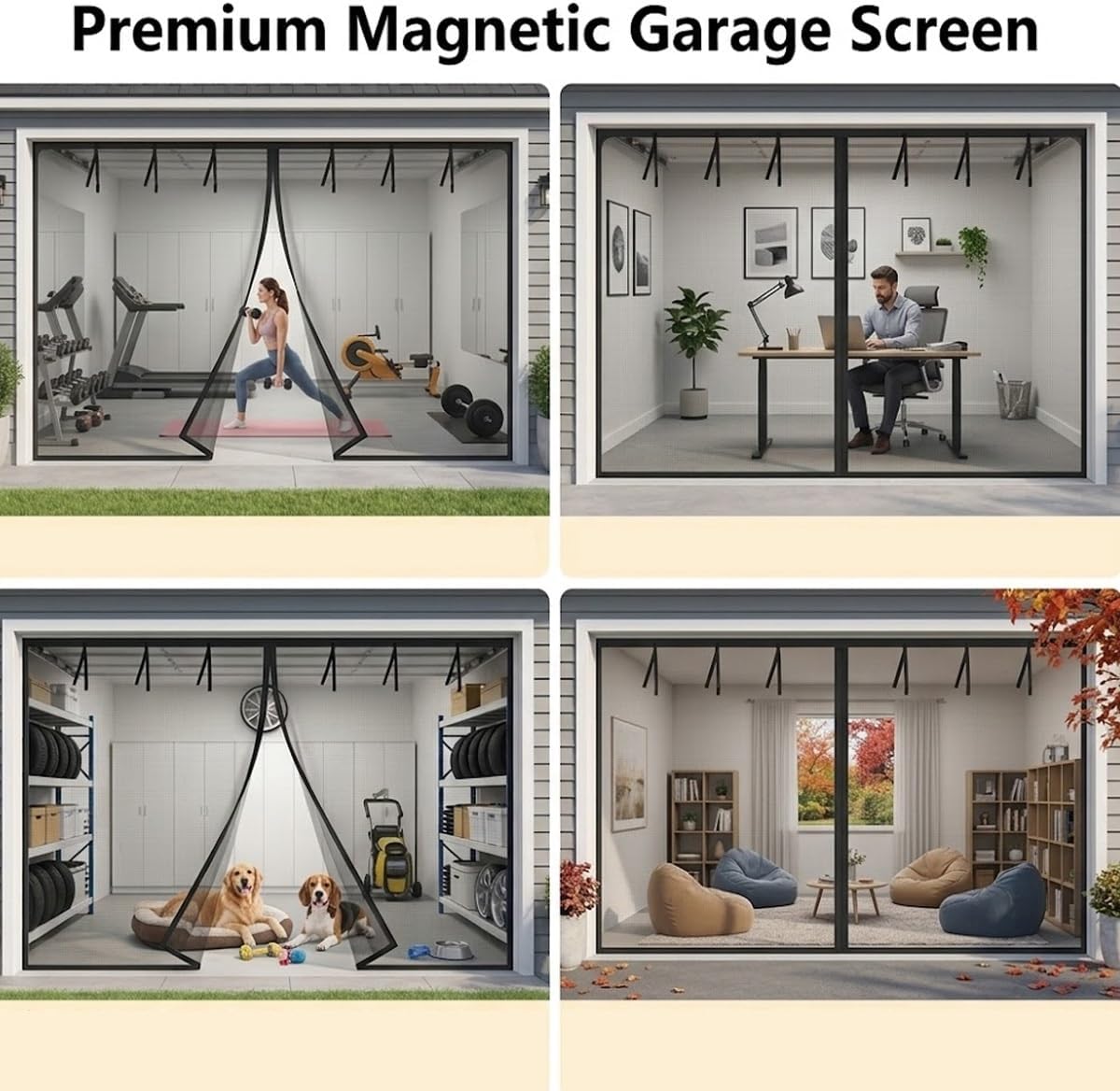 Sliding Style Magnetic Garage Door Screen 16x7 FT for 2 Car, Heavy Duty Retractable Fiberglass Mesh Privacy Curtain with Weighted Bottom, Easy Assembly for Workshop Balcony