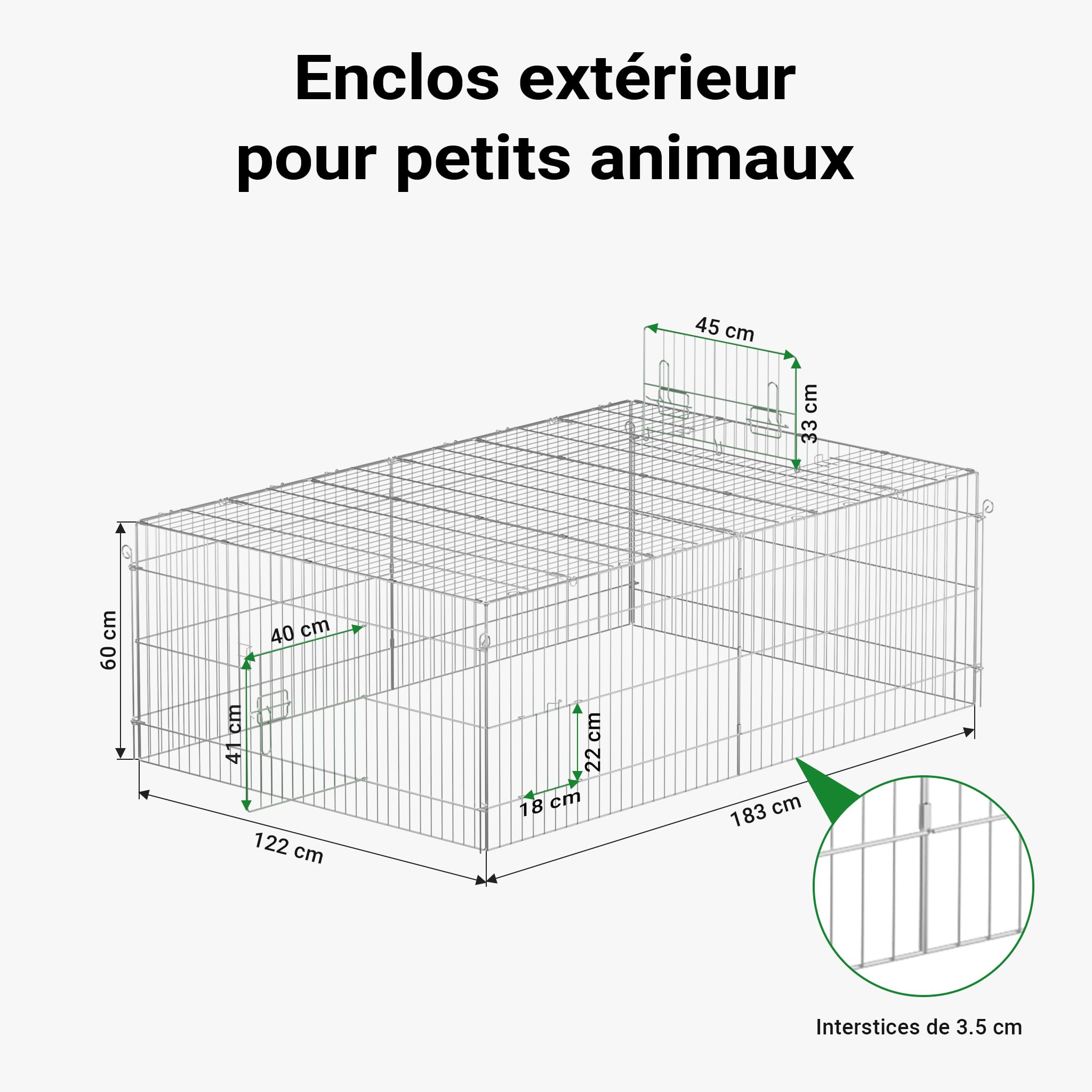 Wiltec Parc enclos pour Petits Animaux domestiques – 1830 x 1220 x 600 mm – en Acier – Clôture verrouillable avec Protection Solaire – Cage Lapin Hamster Cochon d'Inde Tortue Rongeur