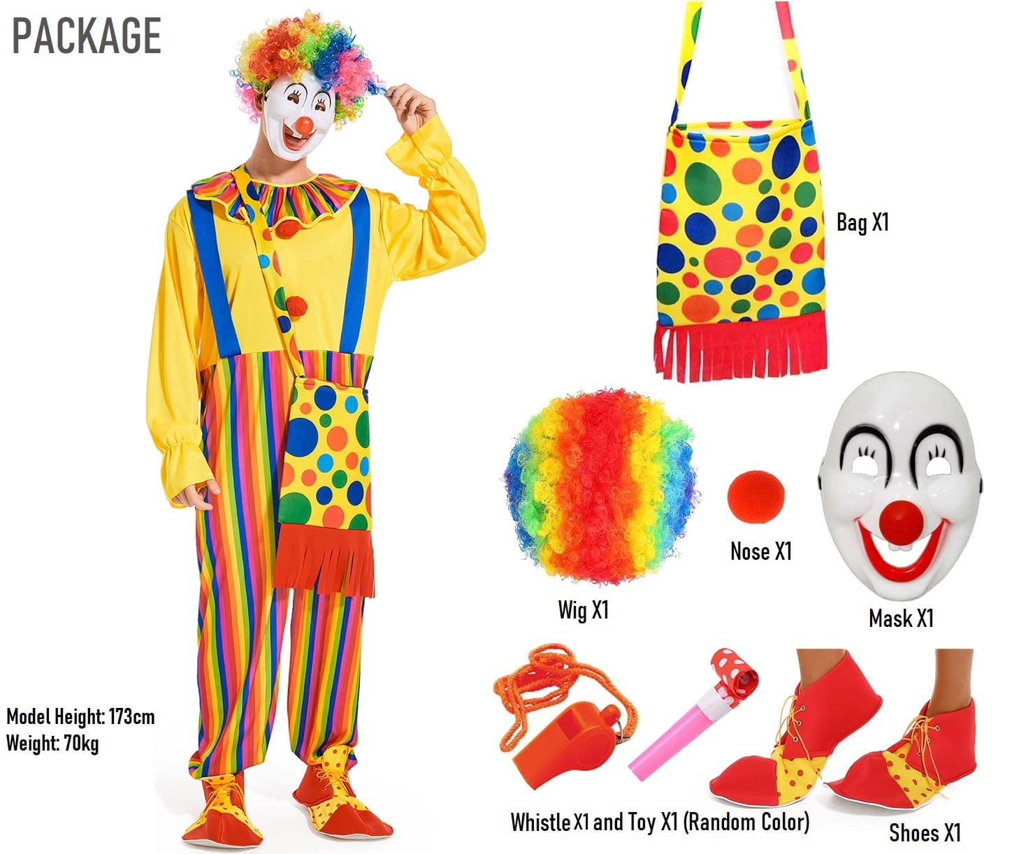 VKI® Ensemble de Costume de Clown Deguisement Adulte, Vêtements de Clown, Perruque, Masque, Nez, Sac, Chaussures de Clown, Accessoires de Costume D'Halloween, Cirque, Cosplay de Carnaval