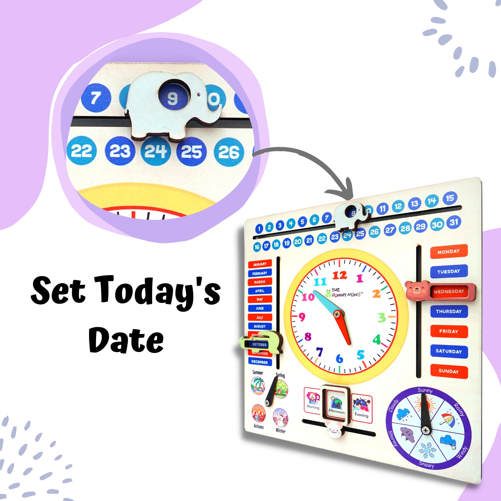 The Funny Mind 7 Activities Teaching Clock with Weather, Days, Months, Dates, Greetings, and Seasons Board Wooden Toy Game for Kids, Toddlers, and Babies | Preschool Educational Toy 36 X 36 Cm - Image 5 thumbnail