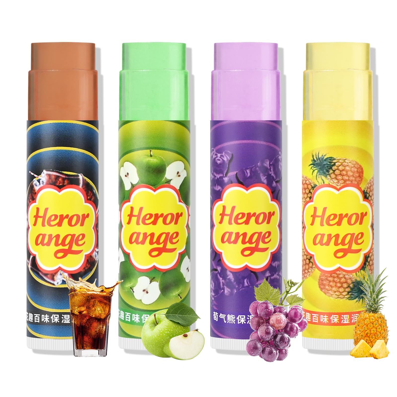 FREEORR Flavored Lip Balm Set, 4 Scents- Pineapple Green Apple Purple Grapes Lip Balm and Pop Flavor Lip Balm Moisturizer,Transparent Hydrate Multi Flavor Chapstick Balm Bulk,Smooth Lip Lines Lip Care
