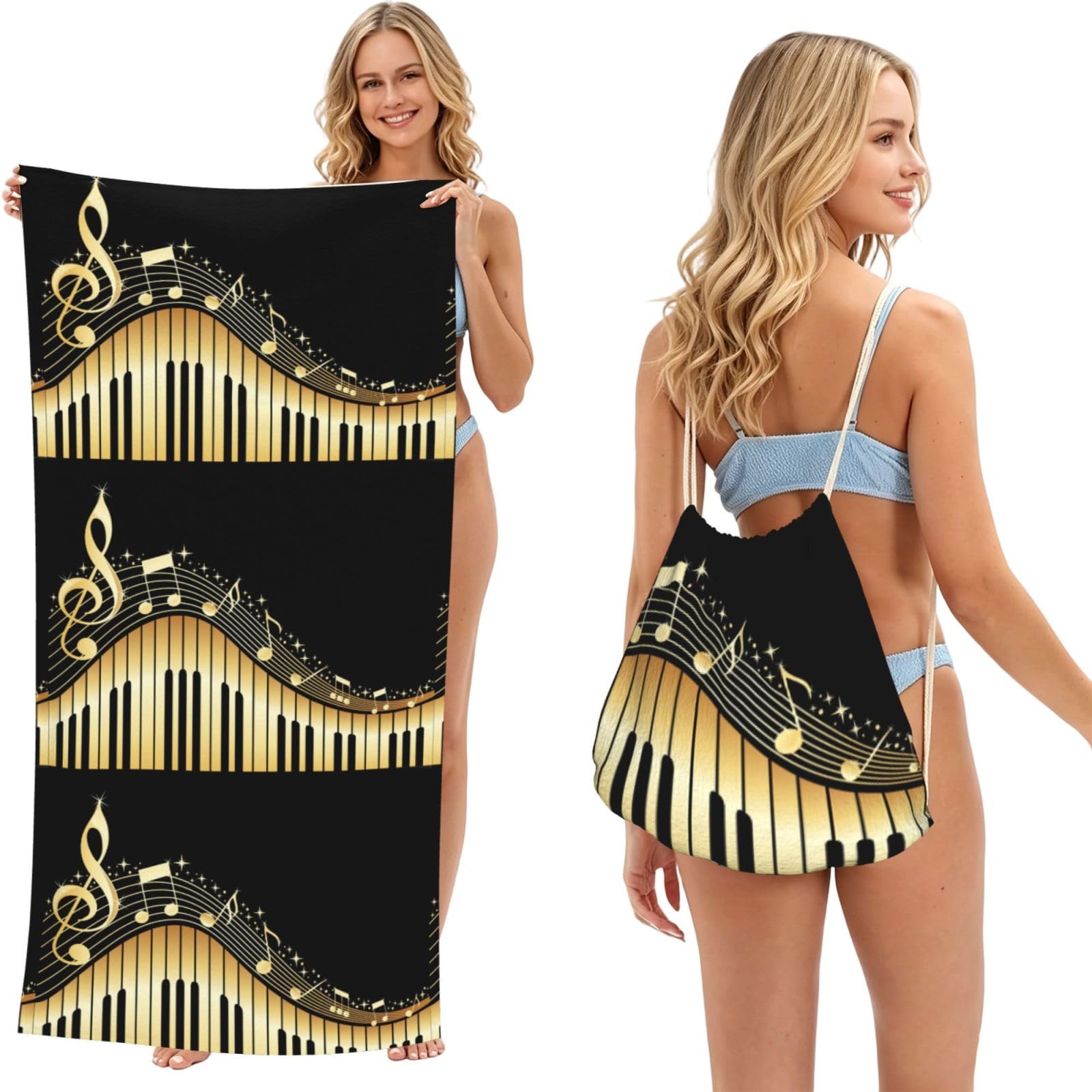 Poadnly As Picture Music Note Piano Printed, 2 In 1 Packable Towel Bag, Beach Towels With Drawstring Backpack For Travel Holiday Camping