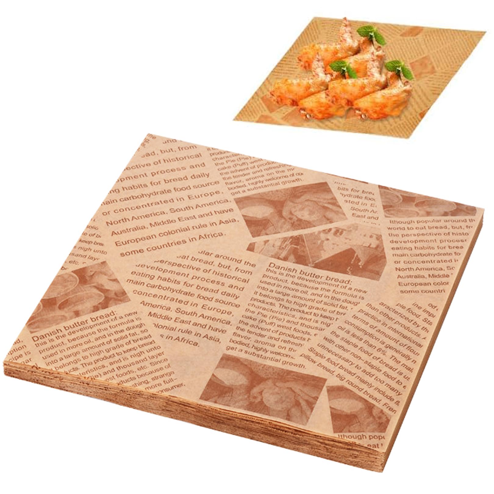 100 PCS Food Grade Wrap Paper Baking Greaseproof Sheets, Old Newspaper Printing Style, for Bread, Sandwich, Burger, Fries, and Food Gift Wrapping