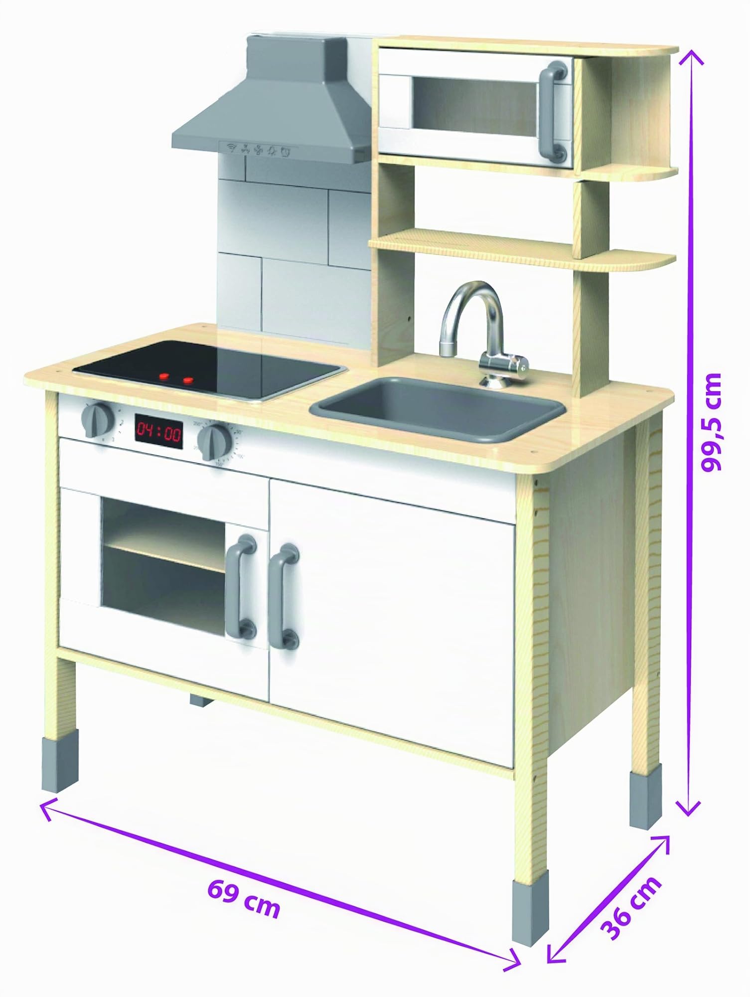 Eichhorn - Cucina Giocattolo in Legno di Pino e Tiglio, 100002494, + 3 Anni, con Piano Cottura A Induzione, Lavello, Forno A Microonde e Cappa Aspirante, 36X69X99Cm