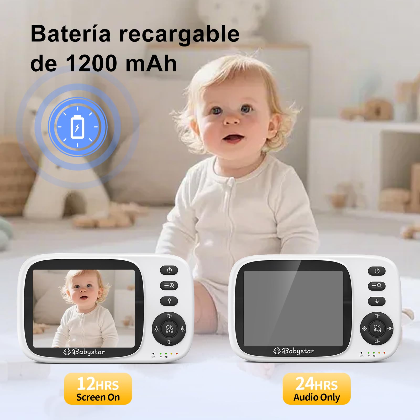 Babystar Vigilabebés con Cámara, Camera Vigilancia Bebe con LCD 3.2",VOX,Zoom 2X,visión Nocturna, lulabies, Monitoreo de Temperatura, sin WiFi,Comunicación Bidirecciona Escucha Bebes