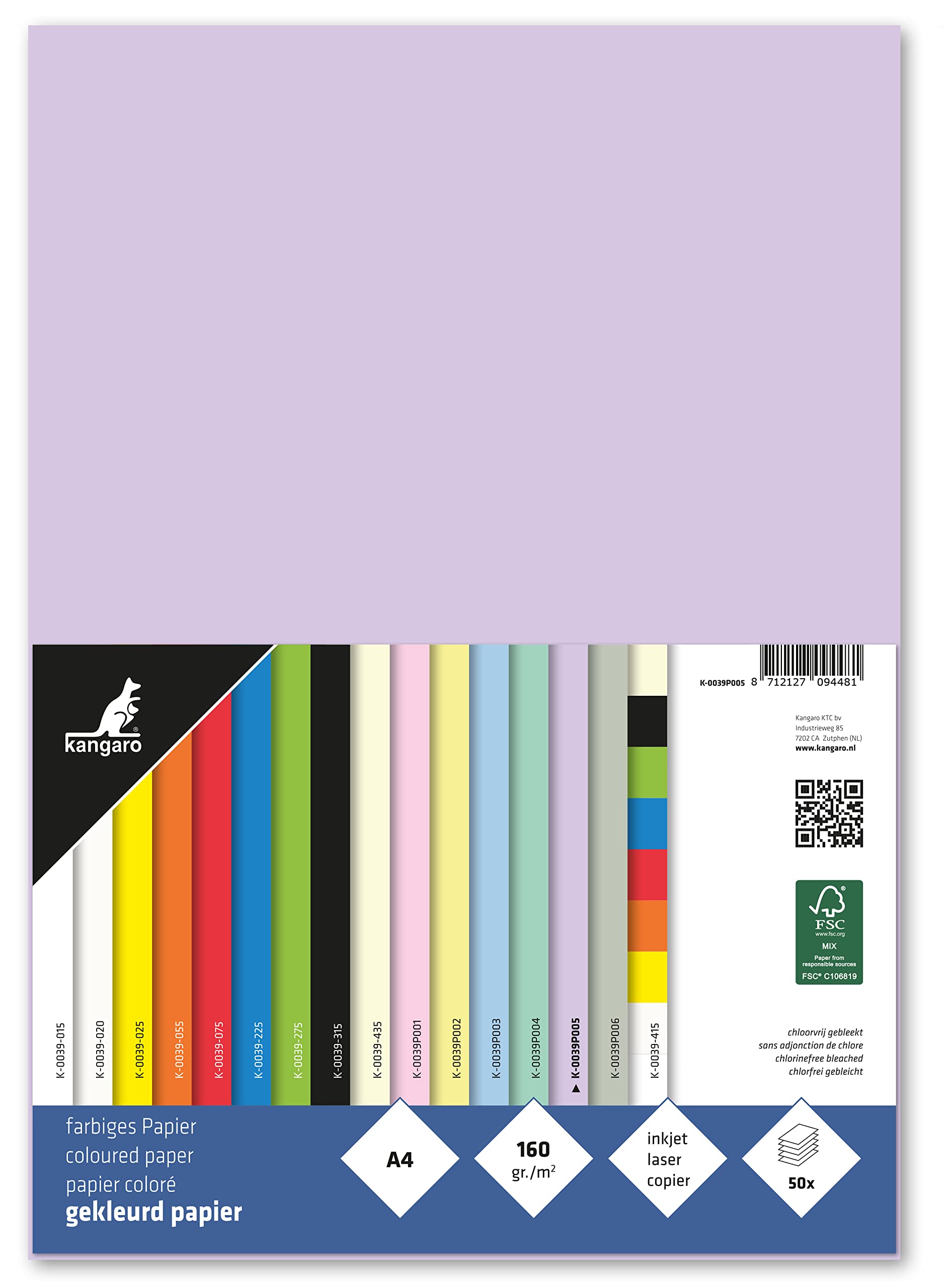 Kangaro - Coloured Paper Pastel Lilla DIN A4 160 g/m² FSC Mix - Pack of 50 - Letter Paper Craft Paper DIY