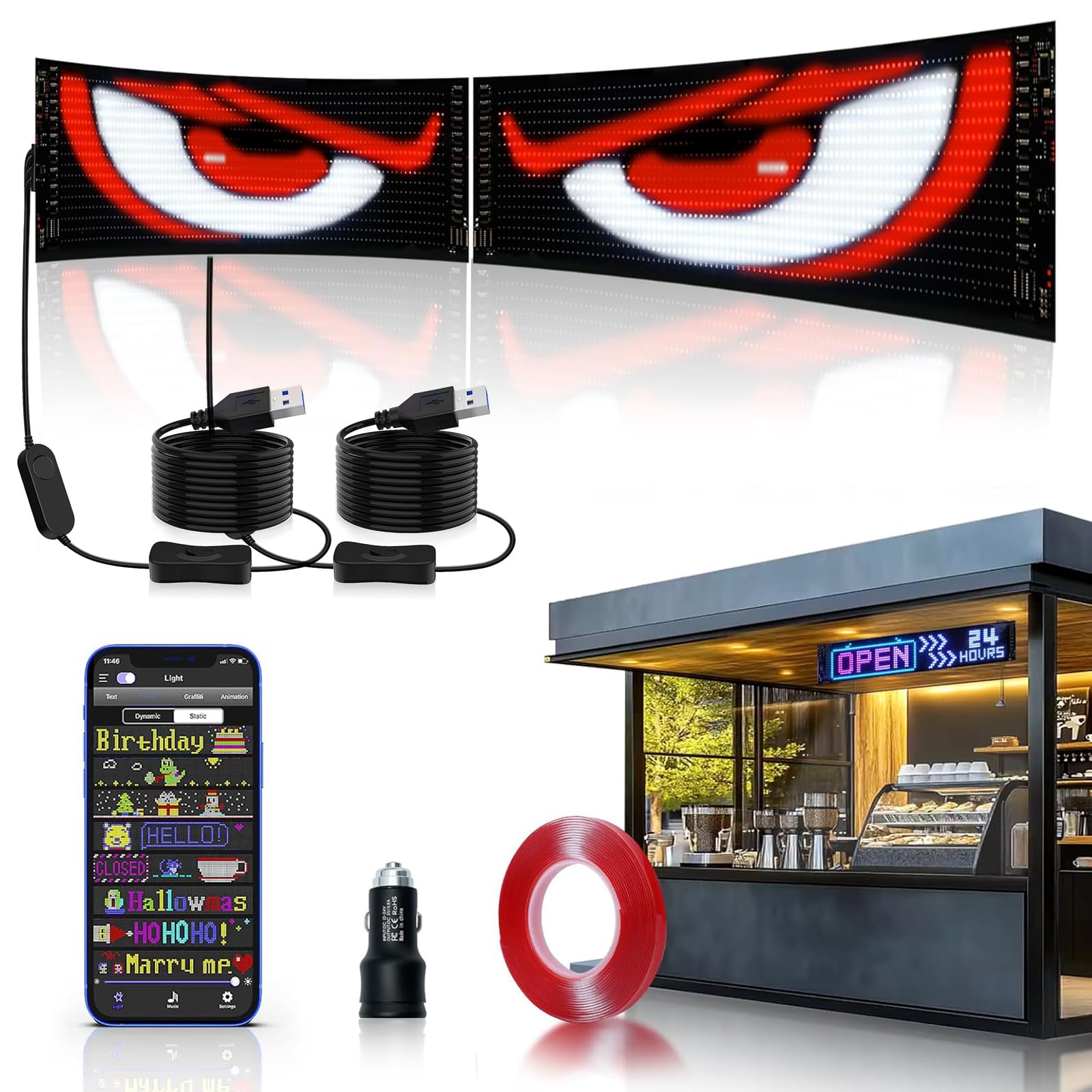 Programmable LED Car Sign: 2PCS 4'' x 15'' Flexible Devil Eyes Bluetooth APP Control, DIY Editor for Text, Patterns & Animations, Perfect for Car, Store, Party, Bar, Concert — image 1