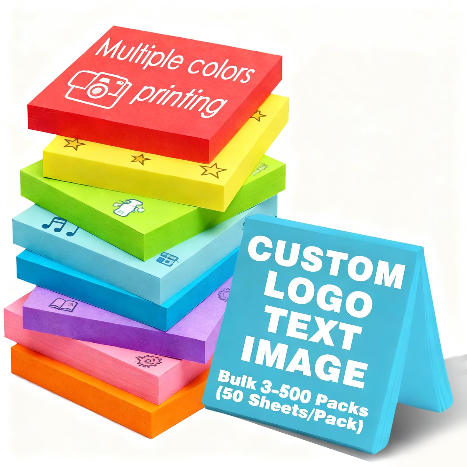 Personalized Sticky Notes Bulk 5-500 Pack 3" x 3" with Text or Logo 50 Sheets/Pad for Office, School, Business Marketing (Style 4)