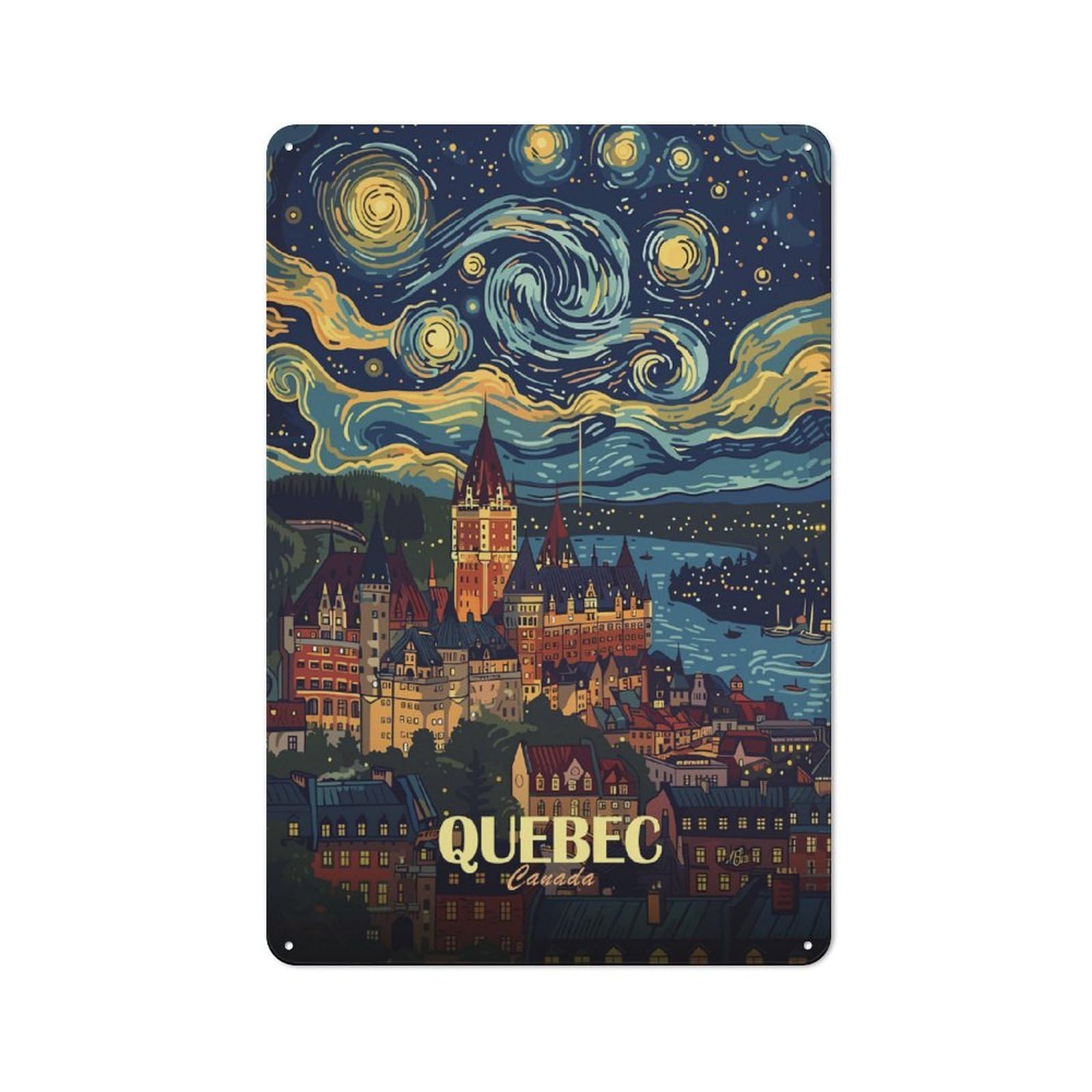Junmoney Style Urban Quebec Cityscape With Starry Night Sky Decorative Metal Plaque 30X20cm, Urban Room Decor For Flat, Bar, Studio Or Gallery Wall