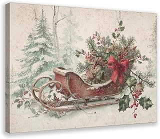 UZWGG 1pcs Frame Vintage Christmas Sleigh Wall Art Rural Sled Poster Holiday Christmas Picture Wall Decoration Print Winter Scene Home Decor Festival Painting Wrapped Canvas 08x12inch(20x30cm)