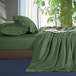 Shilucheng Tencel Sheets 4 Piece, 100% Eucalyptus Lyocell Sheets Set, Cooler Than Cotton and Linen, Summer Cooling Breathable Bed Sheets for Hot Sleepers, 16 Inch Deep Pockets (Olive, Queen)
