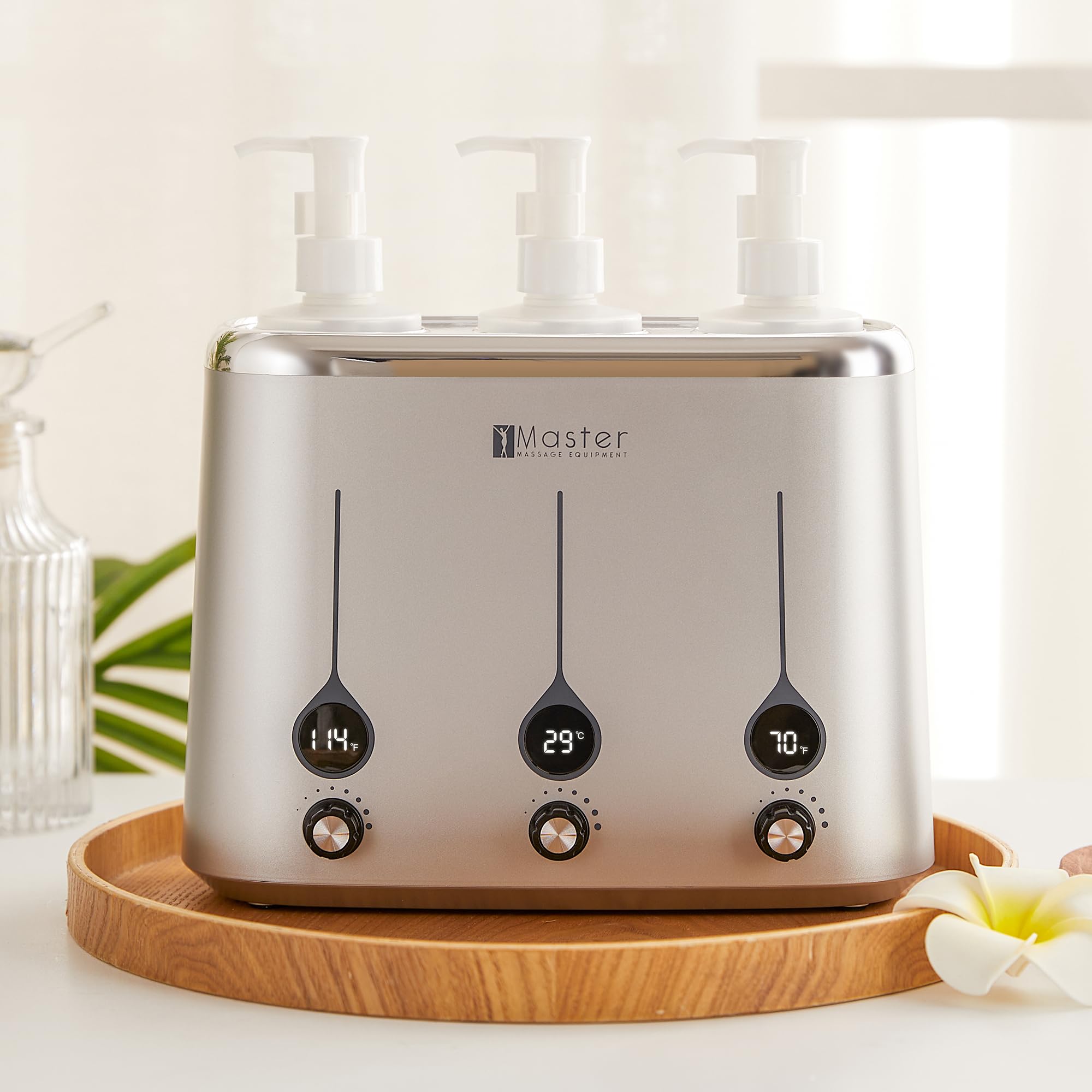 Calentador de aceite Master Massage Gen-II: calentador rápido y eficiente de 3 botellas para aceites y lociones (calienta hasta 60 °C), diseño moderno y elegante para terapia de masaje y uso personal