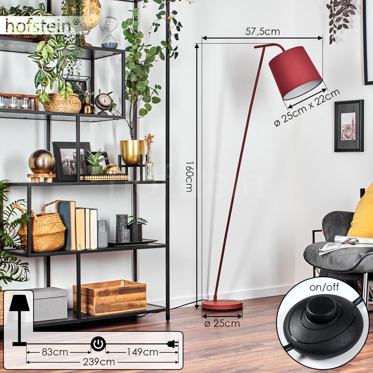 Stehleuchte Palmeiros, Stehlampe aus Metall/Stoff in Rot/Weiß, Leuchte im Retro/Vintage-Design mit rundem Schirm (Ø 25 cm) u. Fußschalter, Höhe 160 cm, 1 x E27, ohne Leuchtmittel