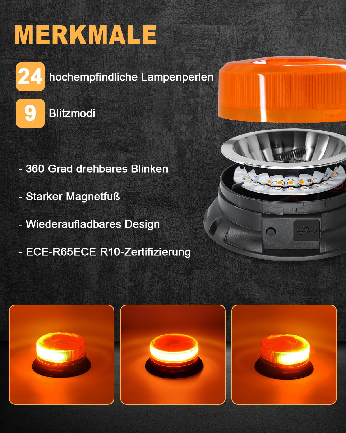 Dinfu 2pcs Rundumleuchte akku 12V orange led Warnleuchte magnet | 9 Blinkend Leuchtmodi mit USB-Kabel und Kfz-Ladekabel für Auto LKW Traktor Golfwagen Gabelstapler UTV Anhänger SUV J-eep