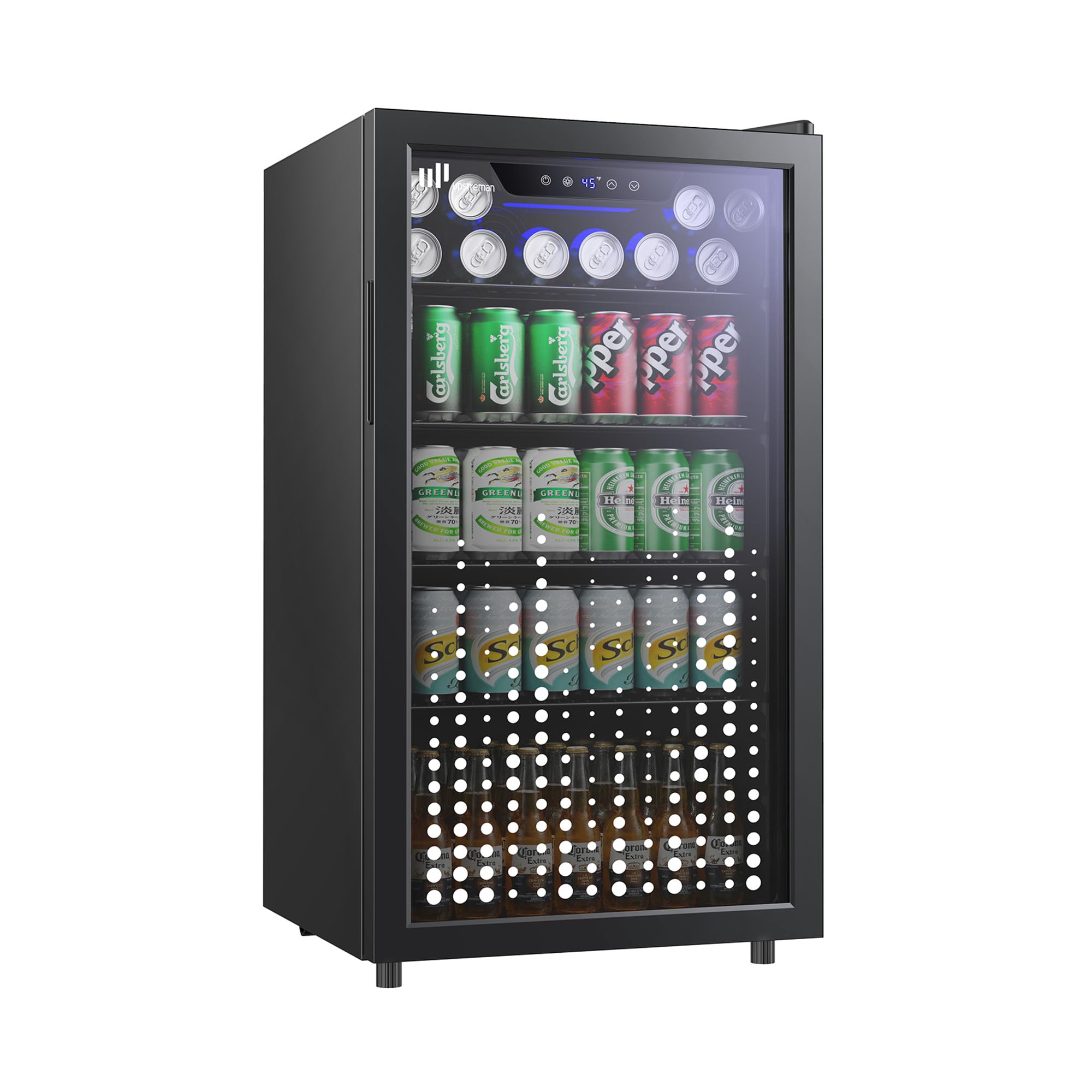 Upstreman Frigorífico de Bebidas 91 L, Mini Nevera con Puerta de Vidrio Doble, Iluminación LED, 4 Estantes Ajustables, 0-15℃, para 126 Latas, Nevera Pequeña para Refrescos, Cerveza y Vino
