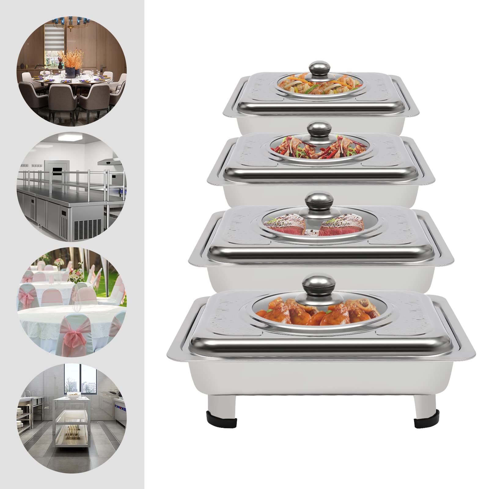 Set di 4 ciotole per buffet in acciaio inox con piedini rimovibili, 33,5 x 27,5 cm, per catering, matrimoni ed eventi (argento)