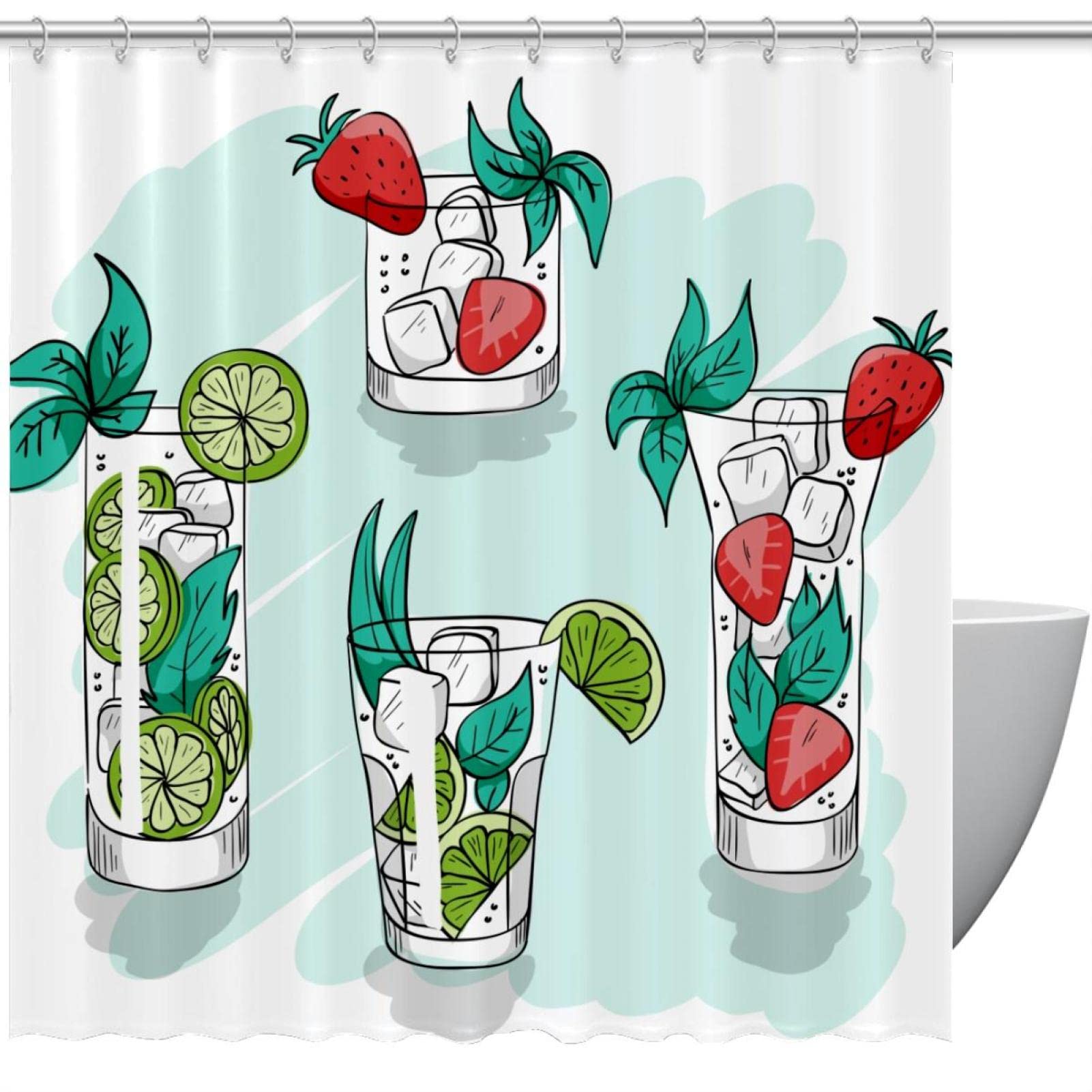Rideau de douche aquarelle verte Summer Cocktail de 183 cm en tissu imperméable et résistant