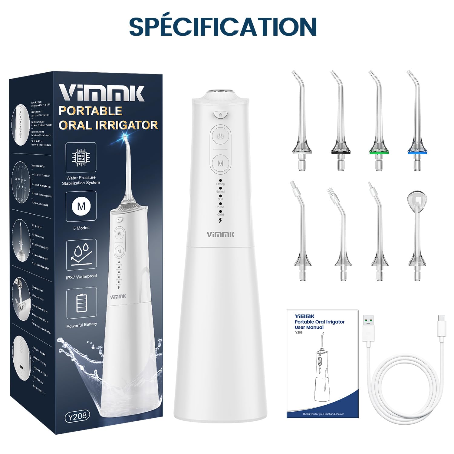 VIMMK Jet Dentaire Hydropulseur et Irrigateurs Oral avec 5 Modes de Pression d'eau et 8 Embouts Remplaçables, Rechargeable et Étanche IPX7, Réservoir 300ML (Blanc)
