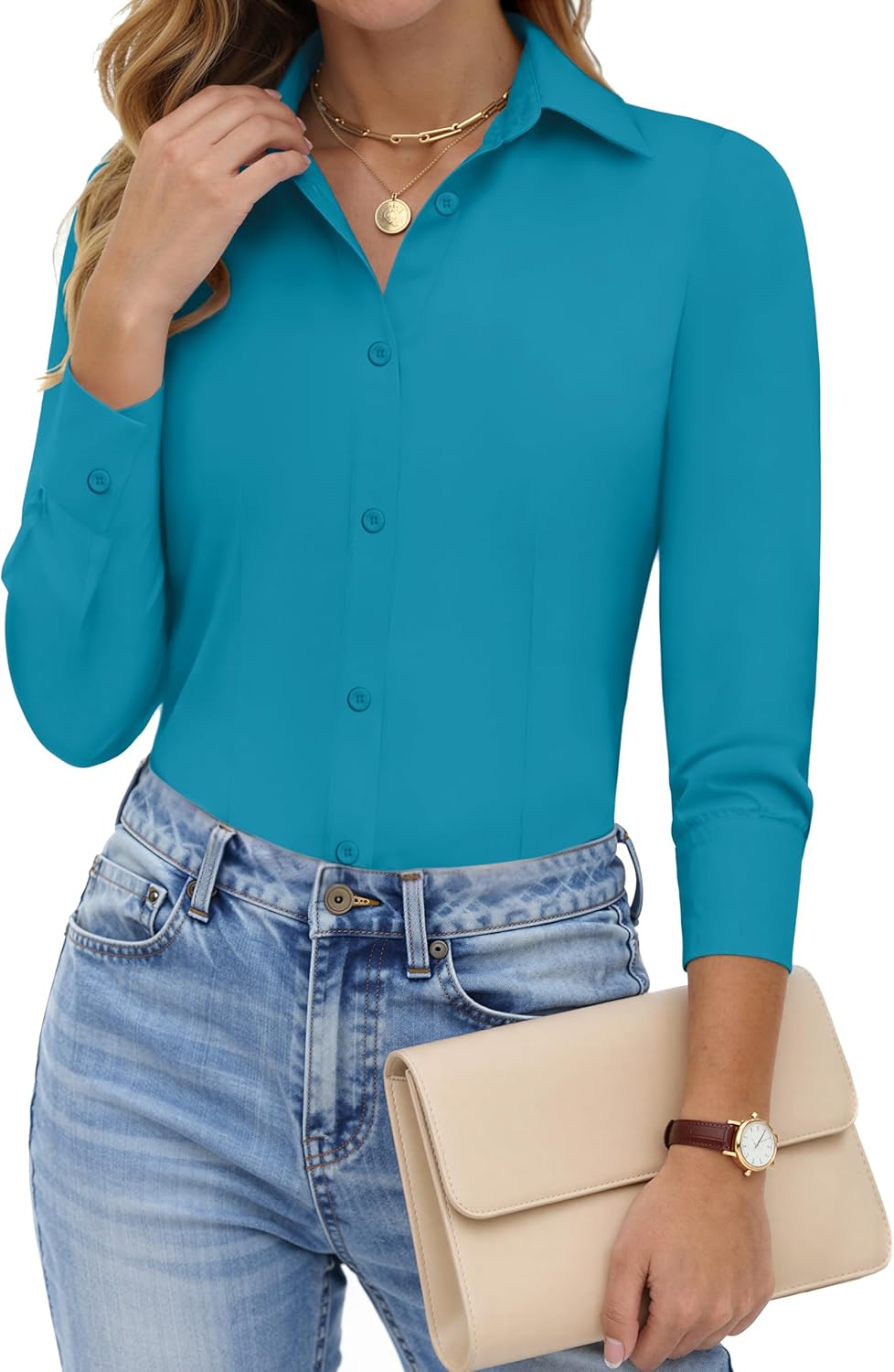 HOTOUCH Women Button Down Shirts Long Sleeve Stain Shield Dress Shirts Slim fit Work Blouses Office Business Tops - Image 2