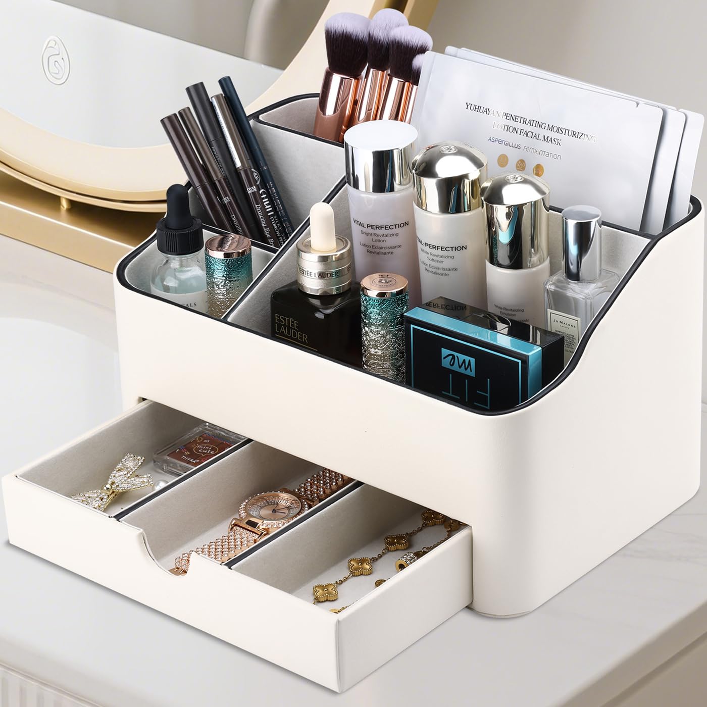 KINGFOM Make-up-Organizer aus PU-Leder mit Schublade, Hautpflege-Organizer für Schminktisch, Kosmetikaufbewahrung für Kommode, Arbeitsplatte, Beauty-Halter für Lippenstift, Pinsel, Hautpflege
