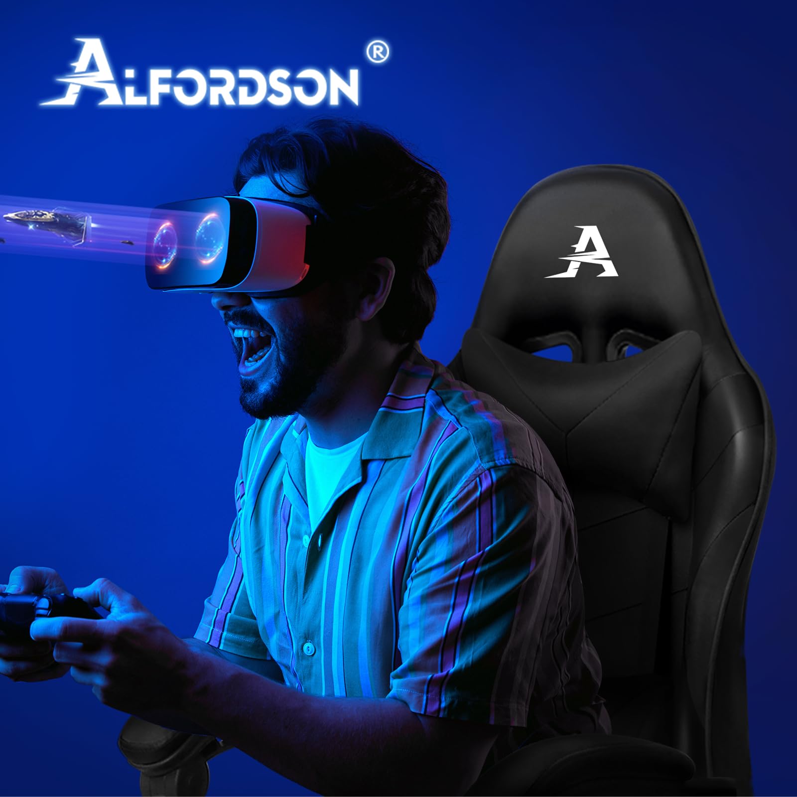 ALFORDSON Gaming-Massagestuhl, Racing-Stuhl mit Kopfstütze, ergonomischer Schreibtischstuhl, Liegesessel, klappbare Fußstütze, atmungsaktives PU-Leder, höhenverstellbar, 180 kg Tragkraft, Blau Weiß