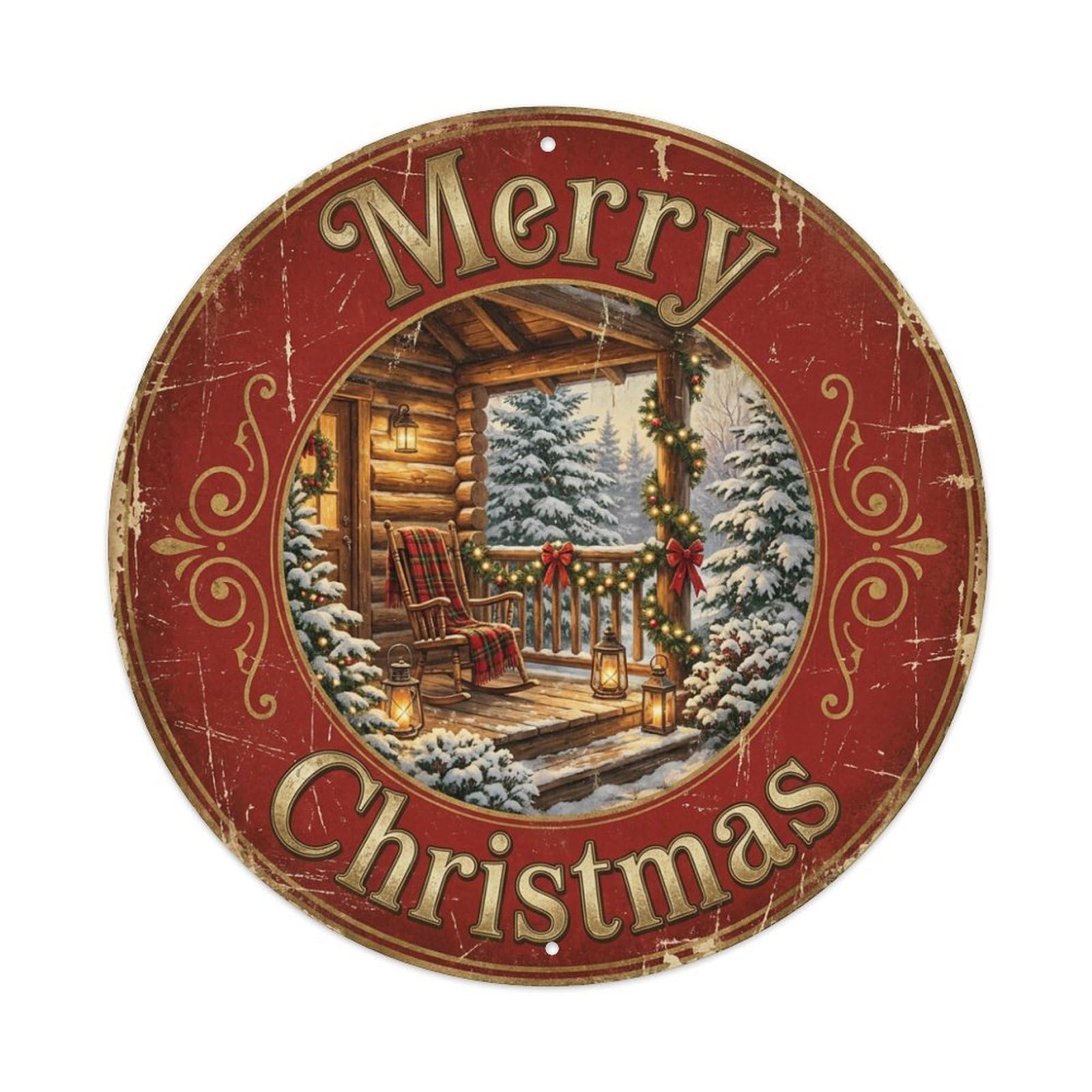 Merry Christmas Cozy Cabin Porch Metal Tin Sign