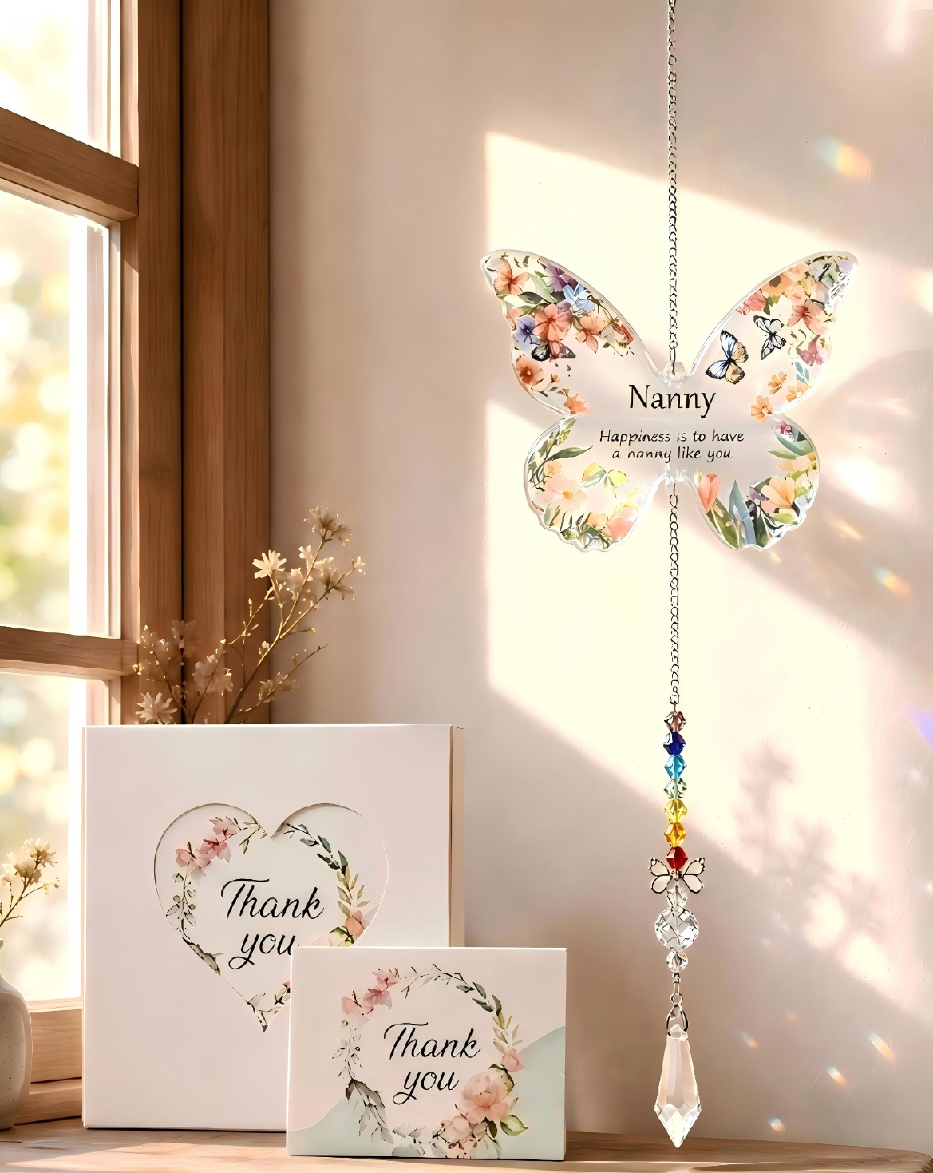 VLUNT Birthday Gifts for Nanny Butterfly Crystal Suncatcher Nanny Gifts Presents for Nanny Acrylic Hanging Window Ornament Gift from Grandchildren Nanny Crystal Wind Chimes Present