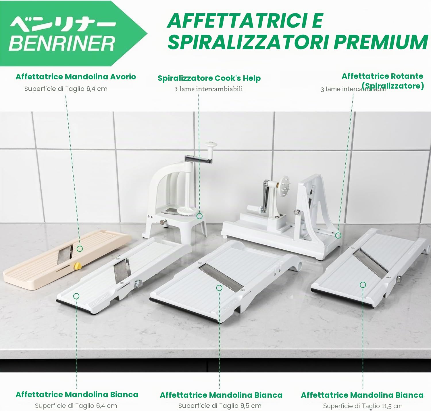 Benriner Mandoline, giapponesi in acciaio INOX, senza BPA, 12.75 x 9,5 cm Nuova versione Jumbo White