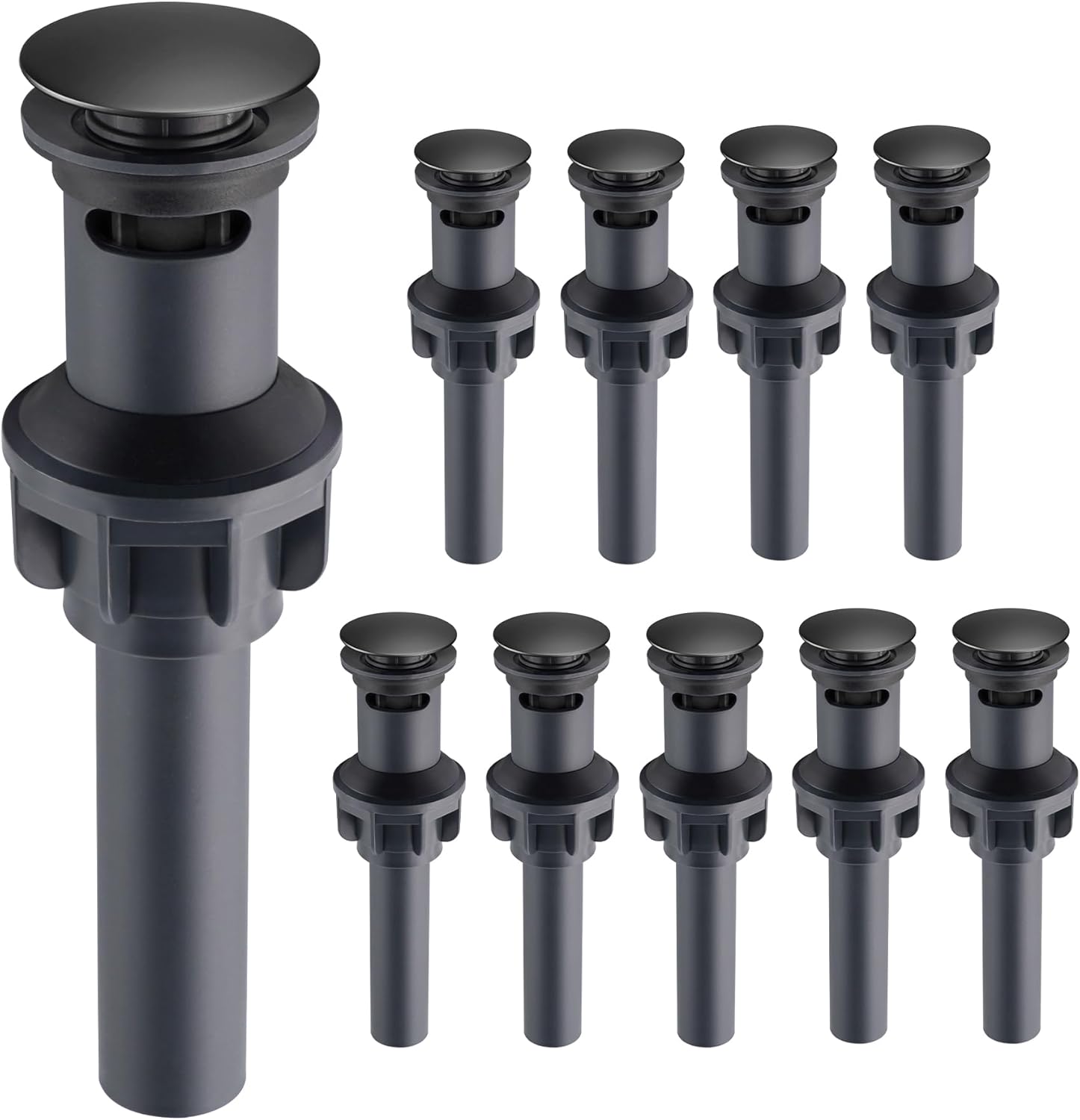 Hibbent 10 Pack Universal Bathroom Sink Drain Stopper, Pop Up Drain Strainer with Overflow, Push and Seal Sink Plug with Basket for Lavatory Vanity Vessel, Anti-Clogging Strainer, Matte Black