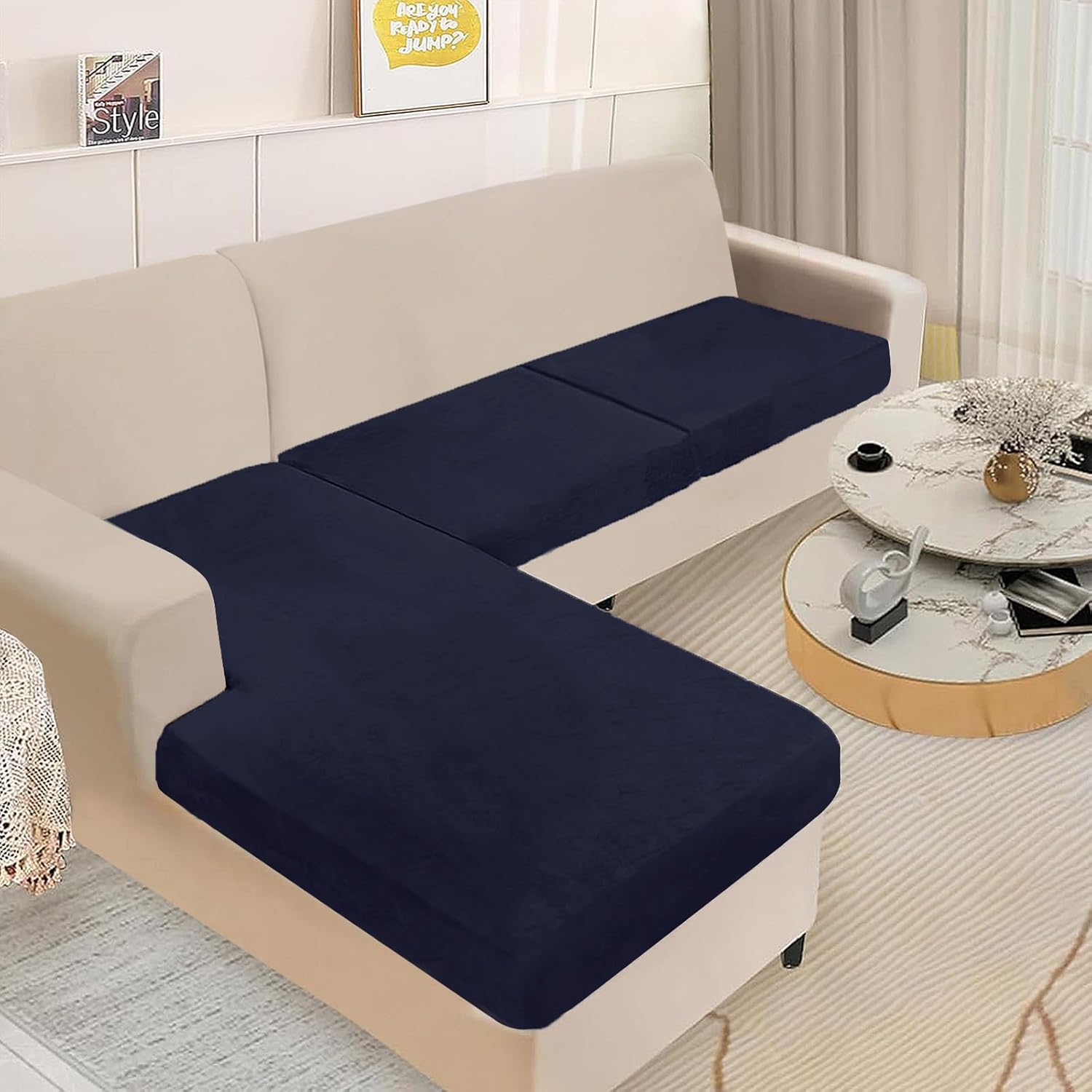 ANARACHON Sectional Couch Cushion Covers 3 Pieces Velvet Separate L Shape Couch Cover Stretch Sofa Slipcover Washable (2 Seater+1 Chaise,Dark Navy)