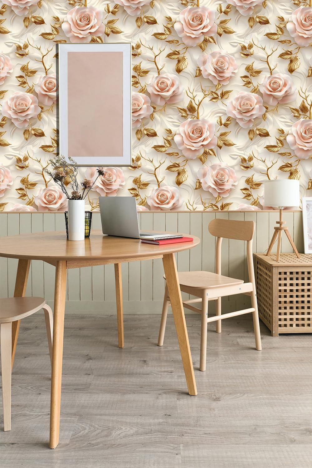 Vintage Floral Peel and Stick Wallpaper, Pink Roses, Gold Leaves, Vintage Wallpaper Vinyl Contact Paper for Decorative Bedroom Bathroom Home Wall (17.3"x236"),D18