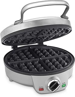 Belgian Waffle Maker, Round Waffle Iron, 6 Setting Adjustable Browning, Audible Alert, Nonstick Plates, WAF-200P1, Silver