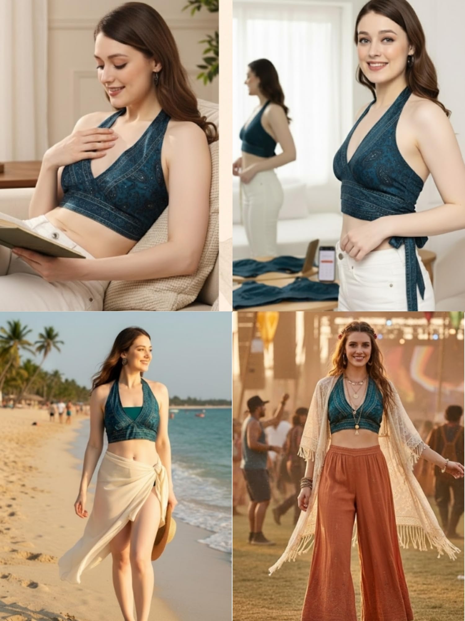 KE KANHA EXPORTS Halter Neck Wrap Top|top for Women|Backless Tops for Women|Halter Neck Tops|Adjustable wrap Waist|Boho Beach Border Print|Easily fits S-M|Bust30-36Inch|LengthUpTo 18Inch