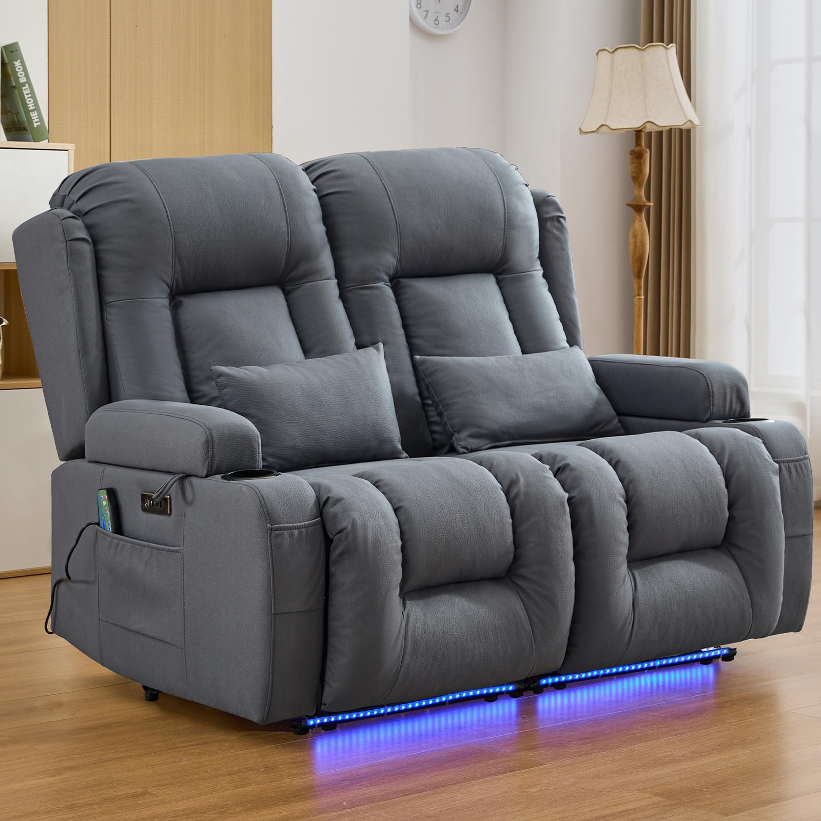 IPKIG 54" Power Reclining Loveseat Sofa, Electric Home Theater Seating with 4 Colors Ambient Lighting/USB Ports/Cup Holders for Living Room, Bedroom,