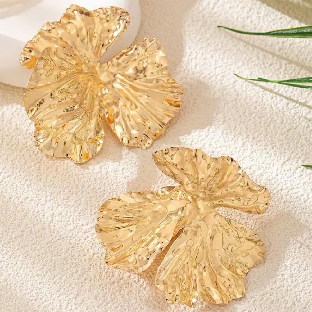 Unique Chunky Gold Large Ginkgo Leaf Flower Stud Earring for Women, Trendy Big Irregular Geometric Floral Earring Boho Party Jewelry Gift Accessories - Image 5
