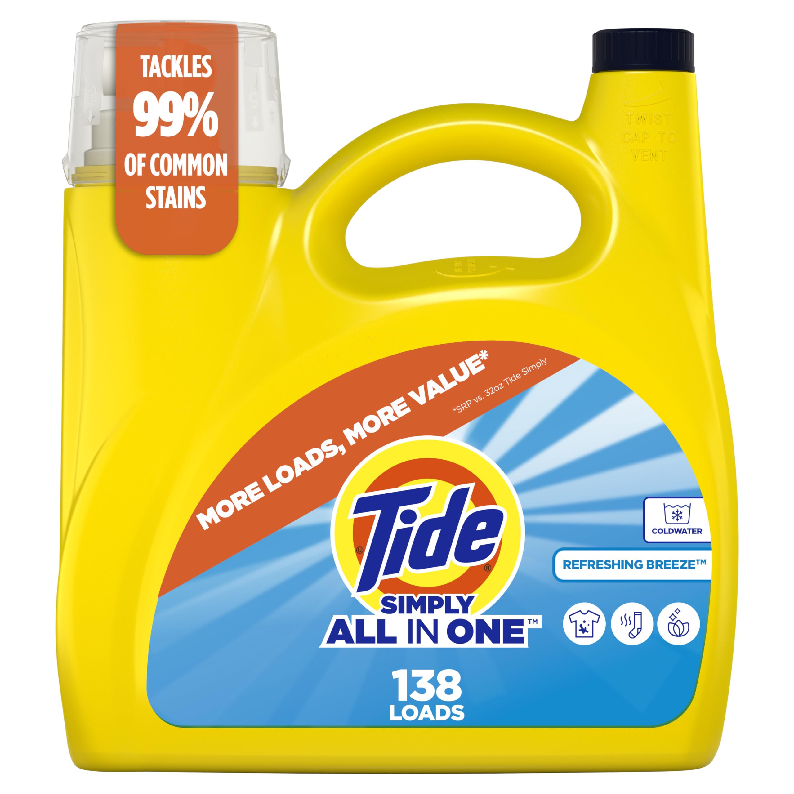 Tide Simply Liquid Laundry Detergent, Refreshing Breeze Scent, 138 Loads, 182 fl oz, All-In-One Detergent