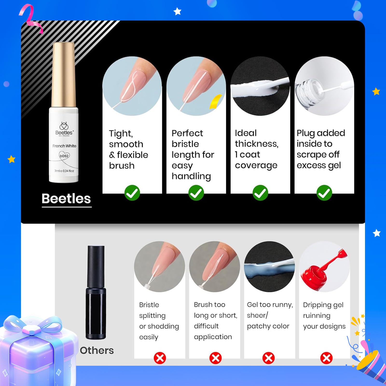 Beetles - Juego de 2 esmaltes de gel para uñas de espiral, 2 colores populares en color negro y blanco para uñas de espiral, pincel de arte de uñas fino, kit de esmalte de uñas de gel 5