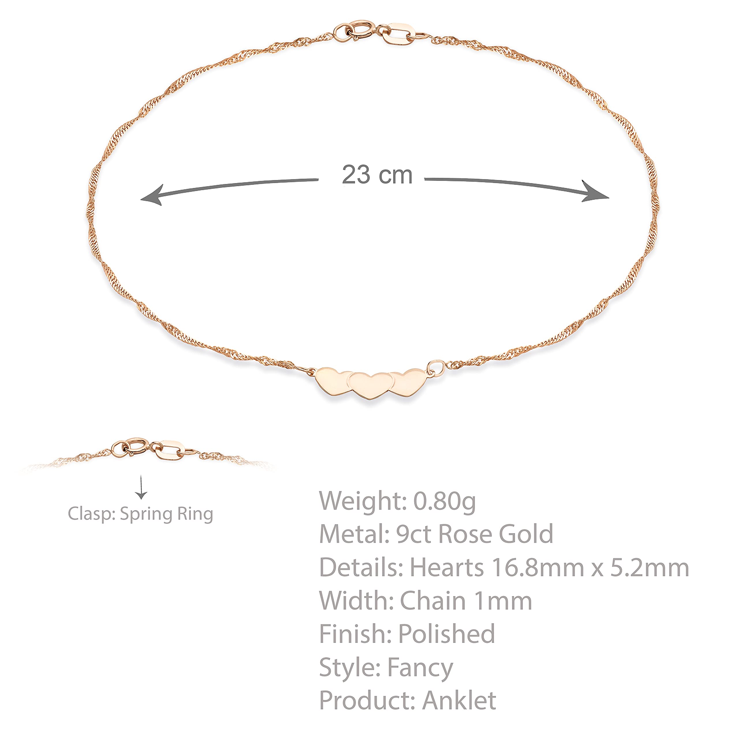 Damen Drei-Herz Twist Curb Fußring 23 cm / 9 zoll