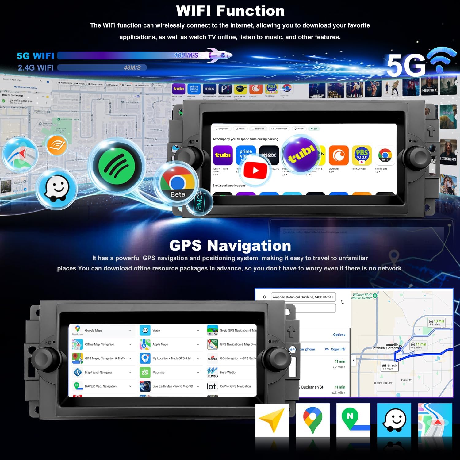 5GWiFi Radio for Dodge Ram 1500/2500/3500 2006-2008, Jeep Grand Cherokee Chrysler 300 300C 2005-2007, Compass Patriot Commander 6.86inch Touch Screen Stereo Wireless Carplay Android Auto GPS FM Camera image 4