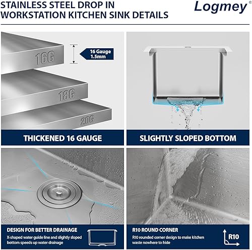 Vista 96 de Logmey Fregadero de cocina negro de 33 x 22 pulgadas, estación de trabajo SUS304, calibre 16, acero inoxidable, cuenco individual, montaje superior