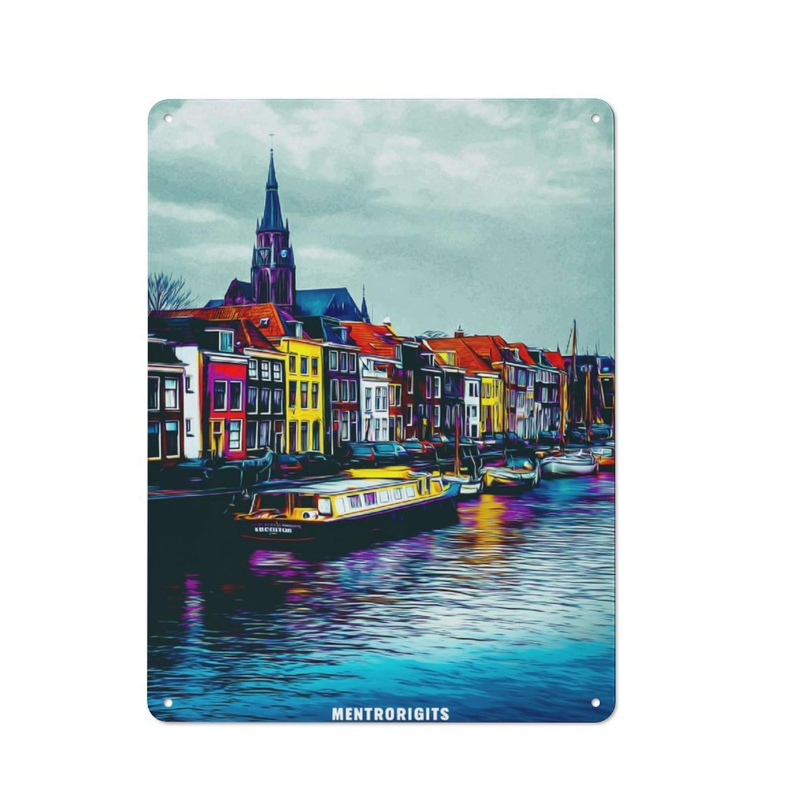 Junmoney Colorful Canal Scene With Boats Office Metal Sign With Design 40X30cm, Classic Study Room Decor For Office, Study, Studio Or Hallway