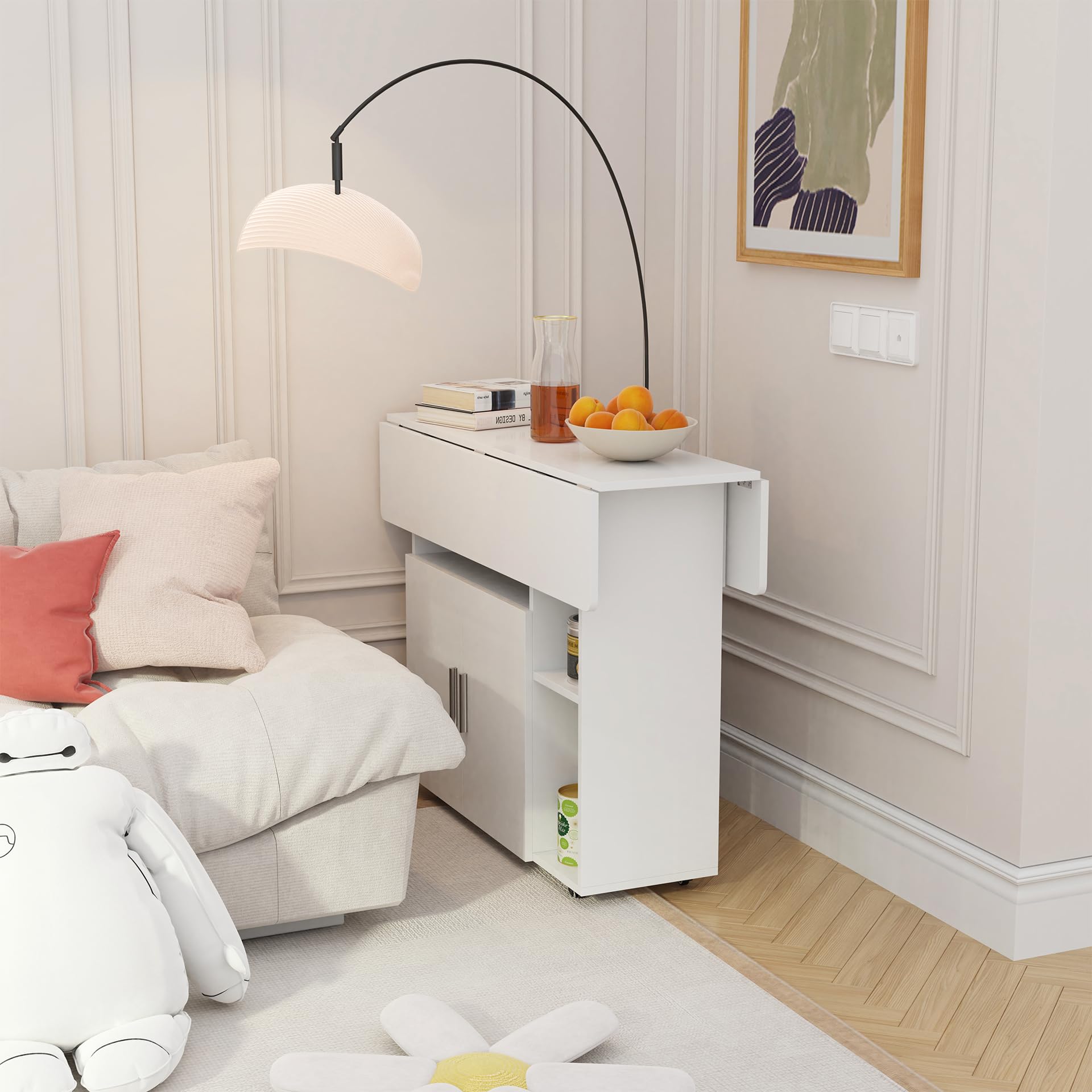 Mesa Plegable Cocina Móvil para Comedor Salón Escritorio, Blanco | 100x70x78cm Mesa Comedor Plegable con Amplio Espacio de Almacenamiento, Ruedas Giratorias y con Bloqueo, para 2-4 Personas