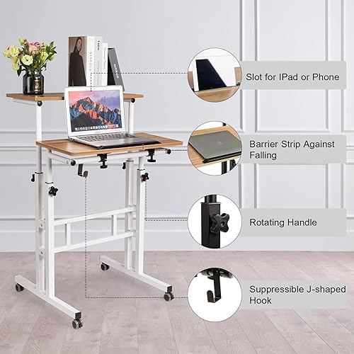 Miniatura 27 de Hadulcet Escritorio móvil de pie con estación de carga, escritorio ajustable para computadora de pie, carrito ajustable para laptop con ruedas para