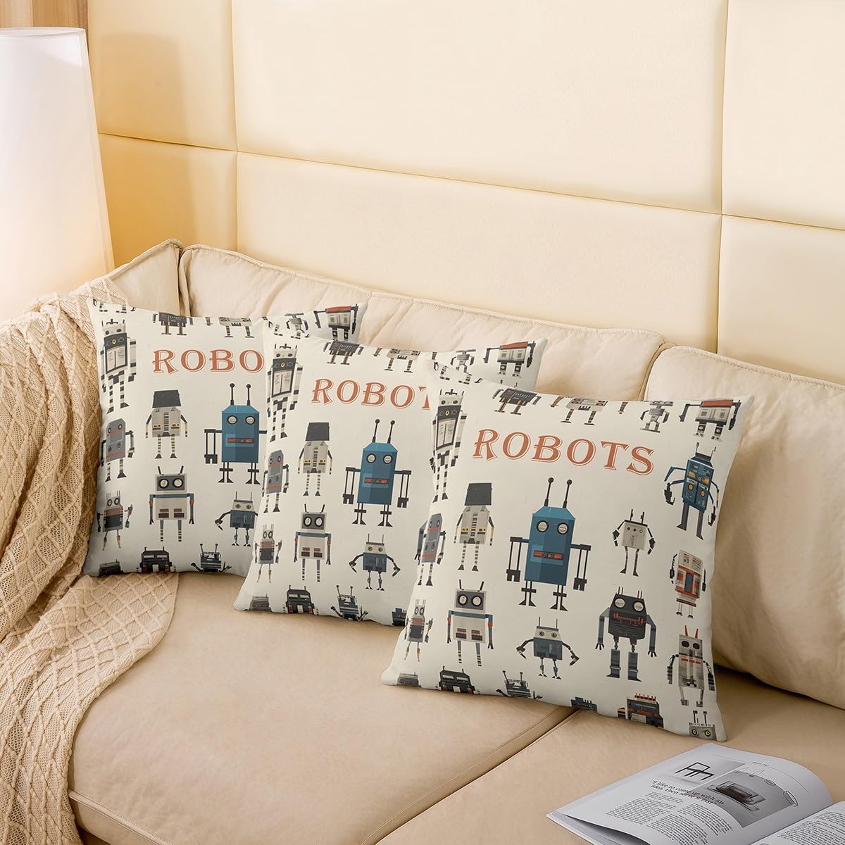 Retro Robots Throw Pillow Covers 22"x22" for Kids Watercolor Funny Machine Cushion Covers Cartoon Super Robot Cushion Case Geometric Rectangle Bedroom Decor,Set of 2 image 4